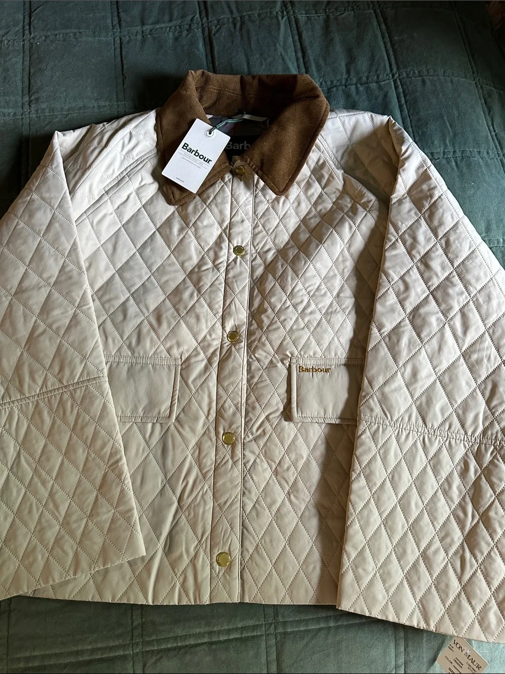 Barbour Quilted Cream Puffer Jacket with Brown Cord Collar - Picture 1 of 6